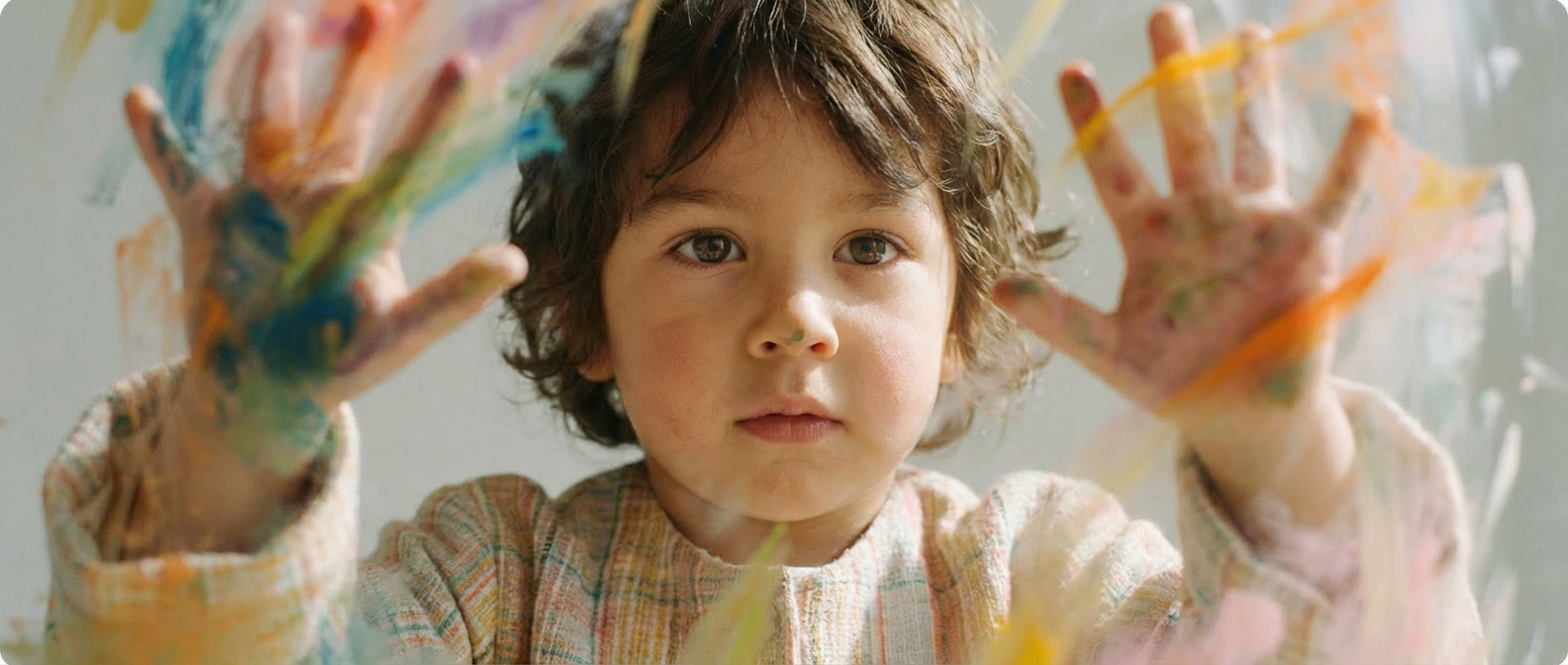 Child painting with colorful hands on a glass surface