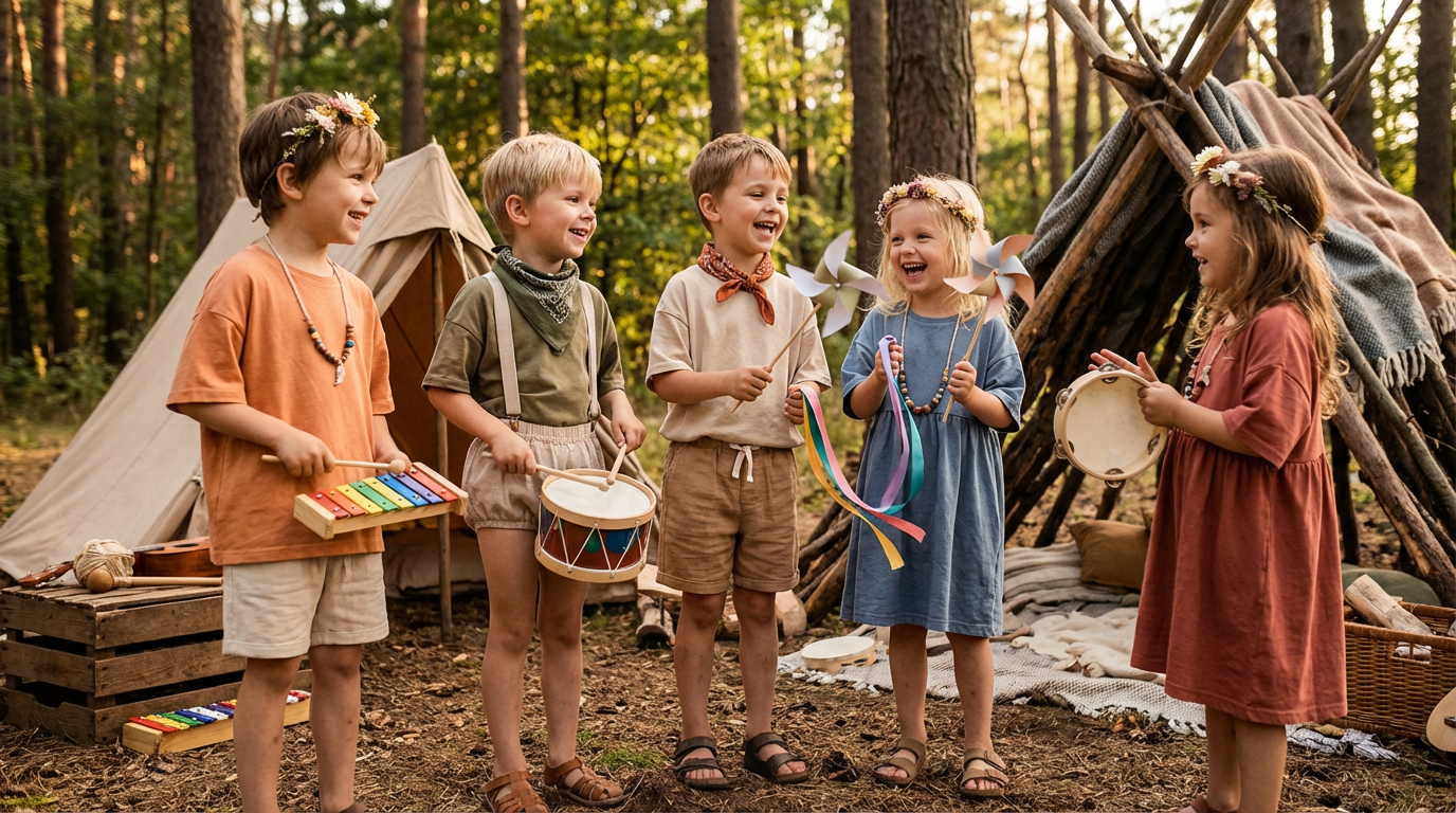 Children outdoors together in a forest play setting