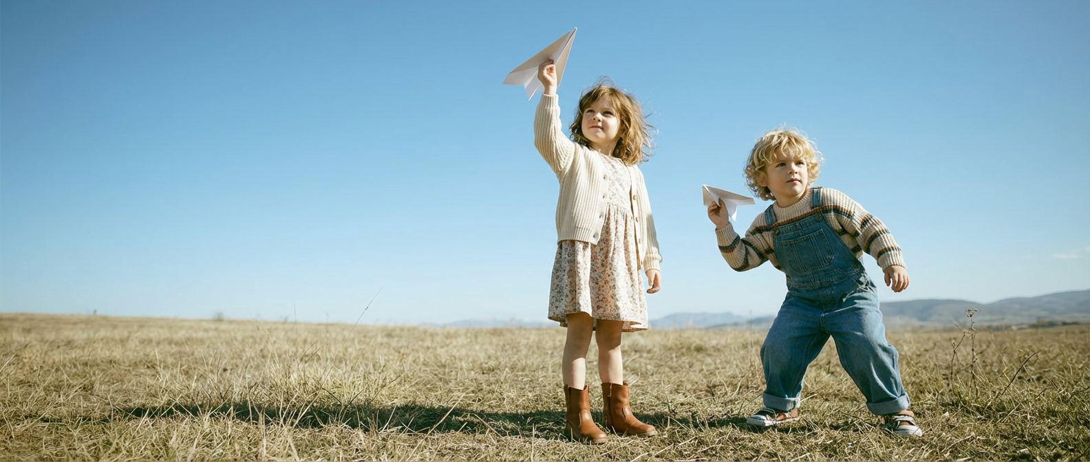 Two children outdoors holding paper airplanes in an open field