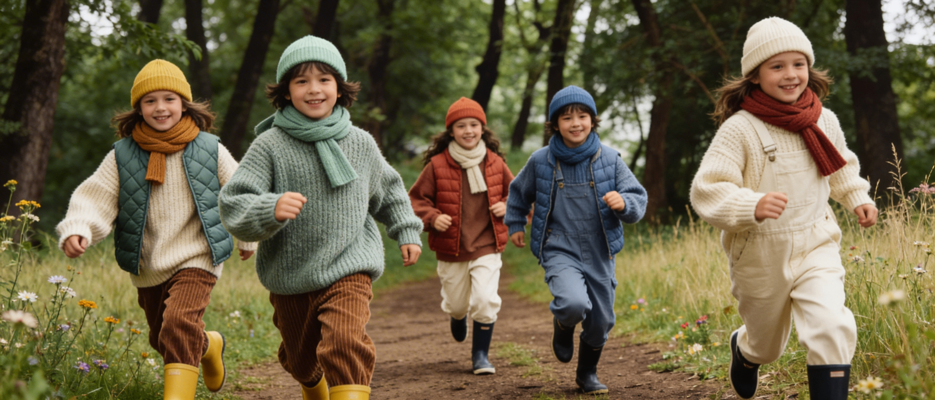 Children running together outdoors on a forest path in autumn