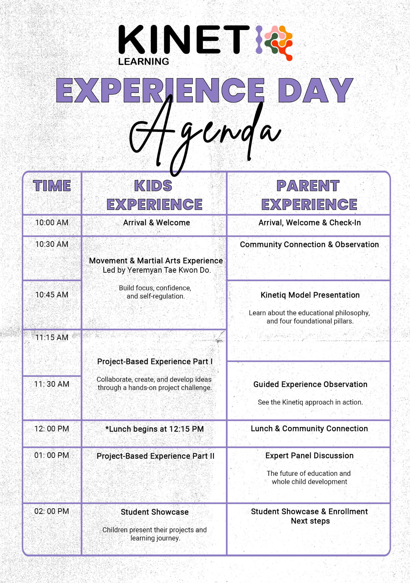 Experience Day Agenda — 10:00 Arrival, 10:30 Martial Arts, 11:15 Project-Based Learning + Parent Walkthrough, 12:15 Lunch, 1:00 PBL II + Expert Panel, 2:00 Child Showcase.